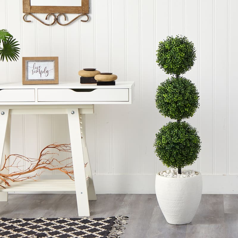 3.5' Boxwood Triple Ball Topiary Artificial Tree in White Planter - 13"