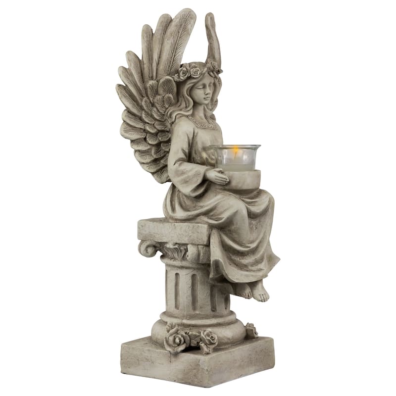 17" Peaceful Angel on Pedestal Candle Holder Outdoor Statue