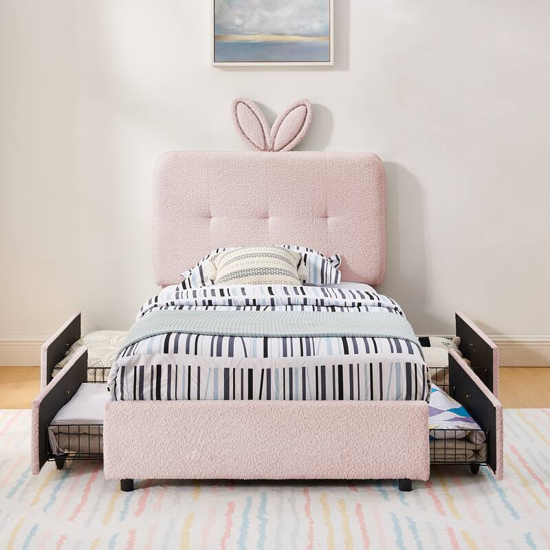 Kids Boucle Upholstered Bed with Rabbit Ear Headboard, LED Music Sync & 4 Drawers