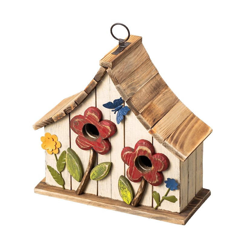 Glitzhome 10.5"H Distressed Solid Wood Birdhouse with 3D Flowers - 10.5"