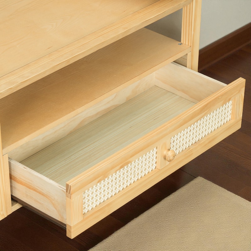 31.5'' Modern Coffee Table with Rattan Drawer, Dual Tabletops & Storage Shelf, Wooden Accent Table for Living Room