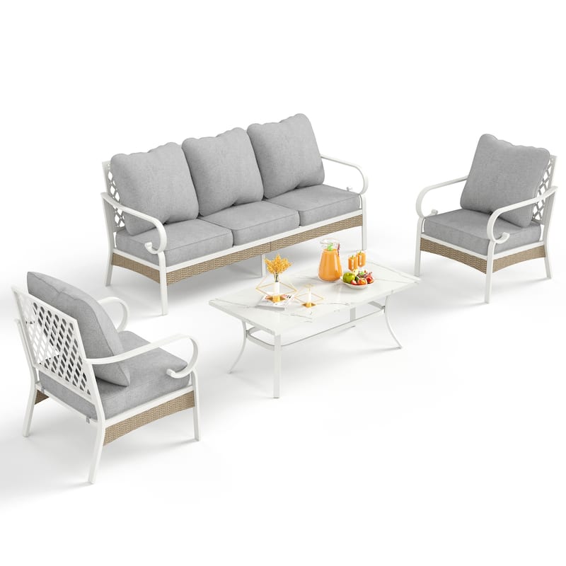 MAISON ARTS 5-Seat Patio Furniture Set, 2 x Cushioned Metal Chair, 1 x 3-Seat Sofa with Marbling Coffee Table - Set 1 - Grey