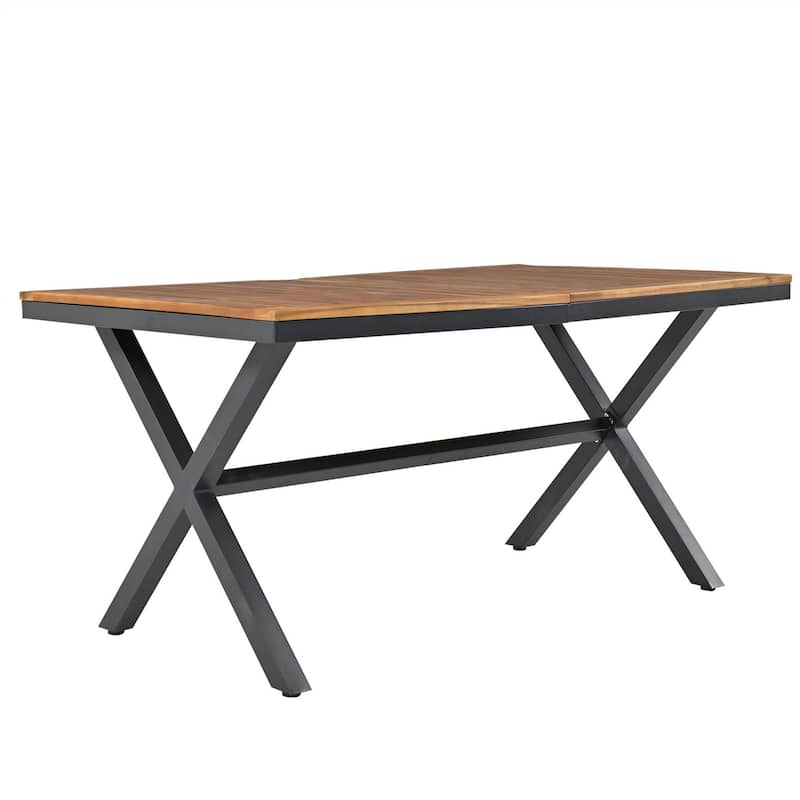 7-Piece Outdoor Garden Dining Table Set with 6 Chairs, Wood Tabletop