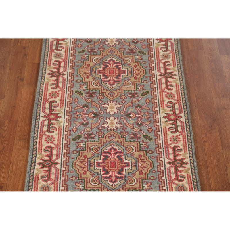 Geometric Heriz Serapi Indian Runner Rug Hand-Knotted Wool Carpet - 2'7" x 10'1"