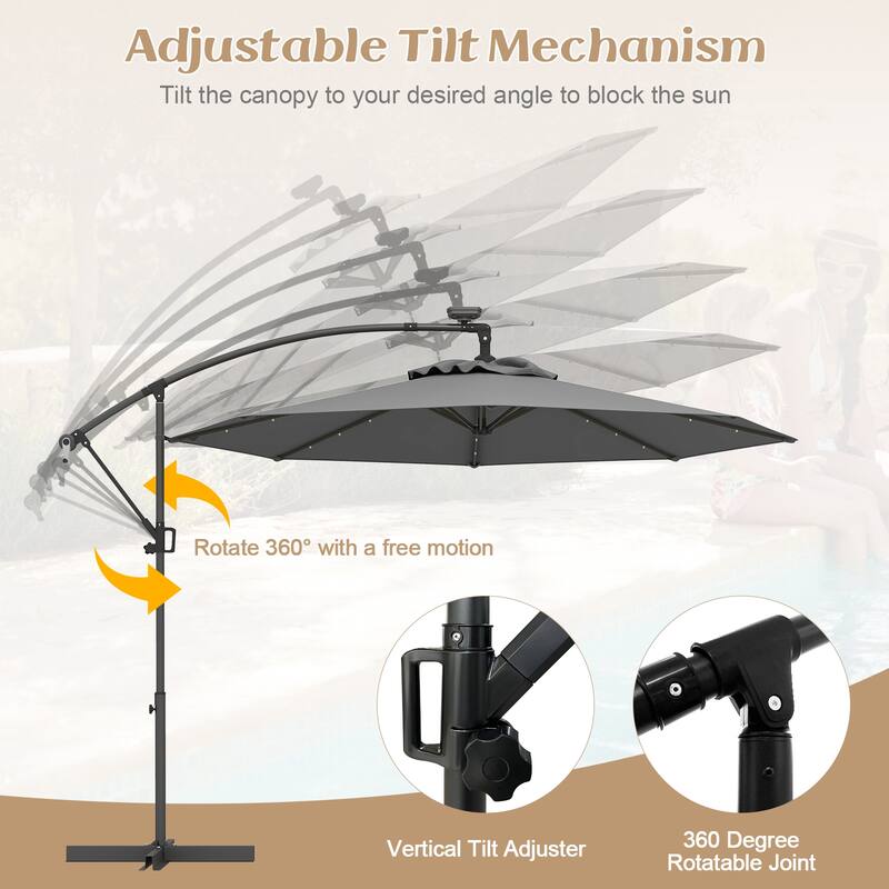 Gymax 10FT Offset Umbrella Rotation Sun Shade Solar Powered LED Gray