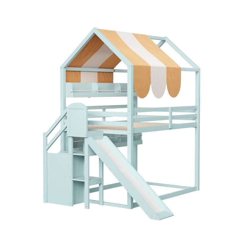 Full Size House Bed with Canopy, Slide & Built-in Bookshelves, Playhouse Bed Frame for Kids