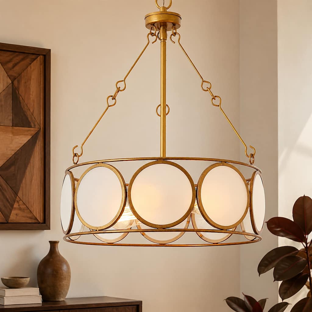 Modern Farmhouse 3-Light Antiqued Gold Drum Chandelier Glass Pendant Lights for Dining Room - 16.5" D x 19.5" H