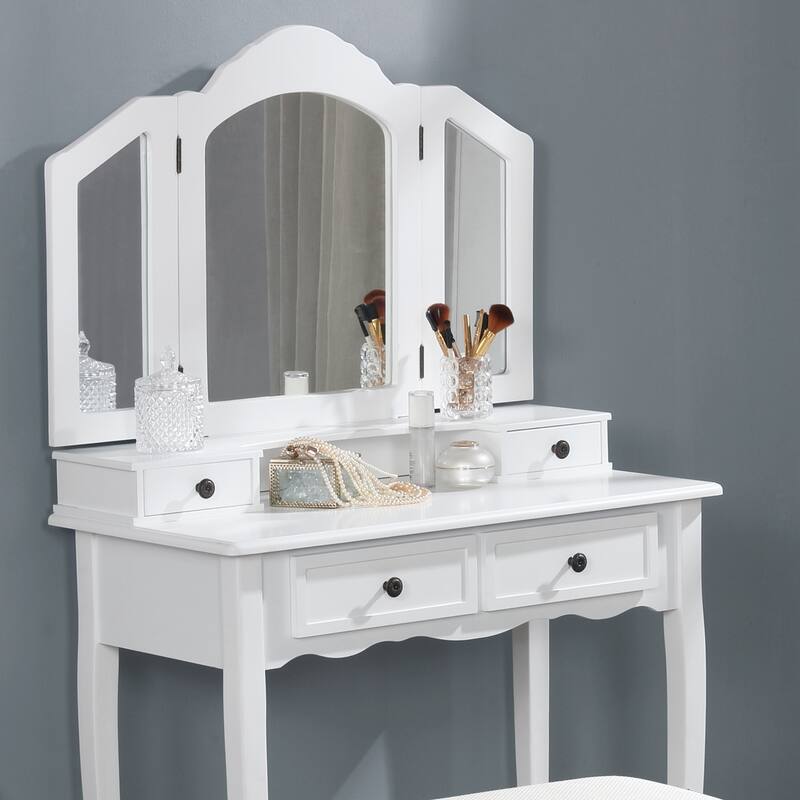 Wooden Vanity Table and Upholstered Stool Set, with 3-Panel Mirror and Ample Storage Drawers