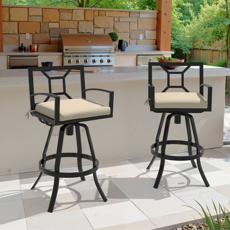 Outdoor Premium All-Aluminum Bar Height Bar Stools with Sunbrella Cushions - Canvas Antique Beige - 2PC