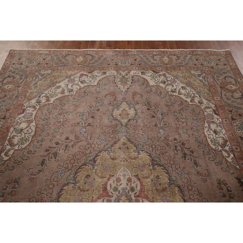 Brown Tabriz Persian Vintage Area Rug Hand-Knotted Wool Carpet - 8'0" x 10'11"