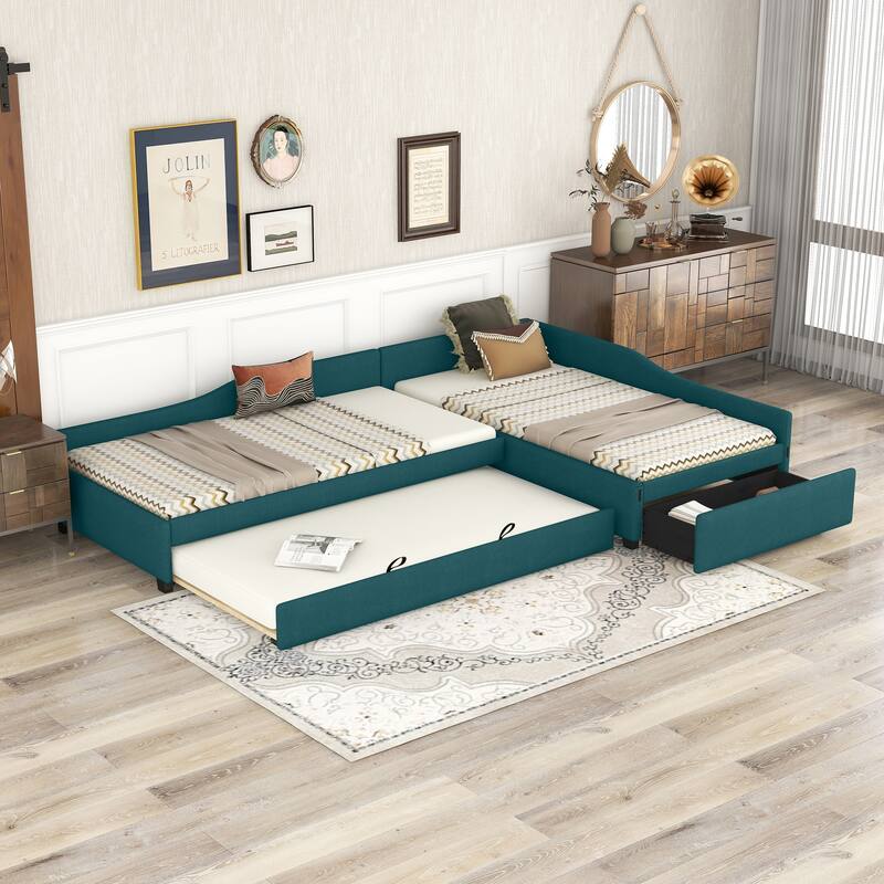 Green Upholstered Twin Daybed with Trundle and Storage Drawer