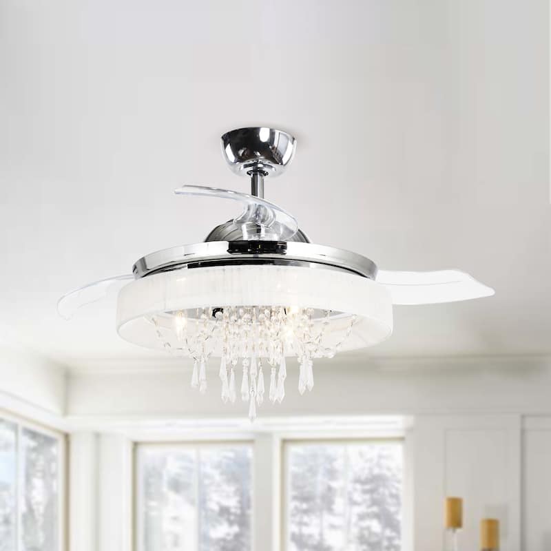 42" Chrome Modern Retractable Chandelier Ceiling Fan with Light and Remote