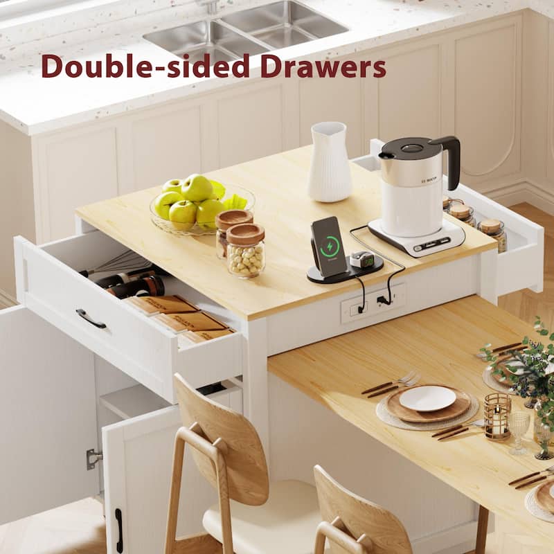 Kitchen Island with Extendable Dining Table, Mobile Cart on Wheels, Breakfast Bar with Power Outlet, 2 Drawers & 2 Side Shelves