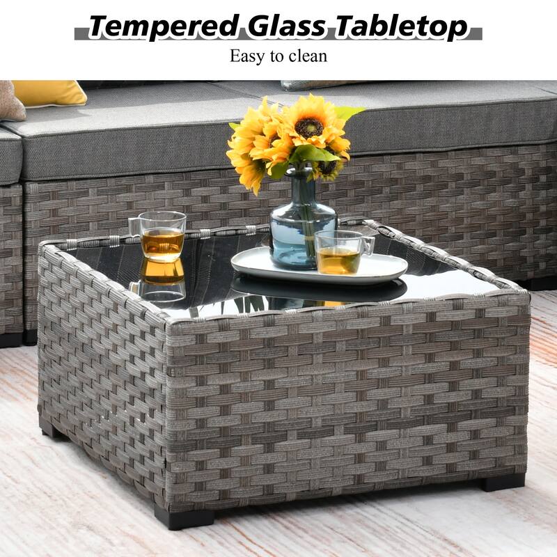 HOOOWOOO 9-piece Wicker Outdoor Modular Wide Armrest Sectional Set Fire Pit Set