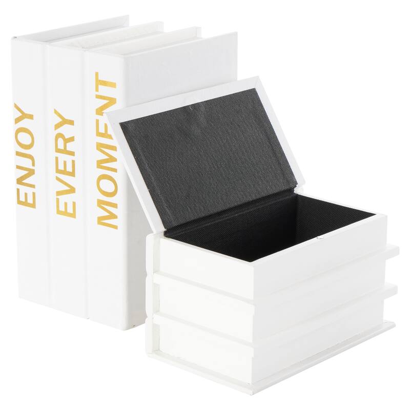 White or Black Canvas Faux Storage Book Box with Gold or White Enjoy, Every, Moment Text (Set of 2)