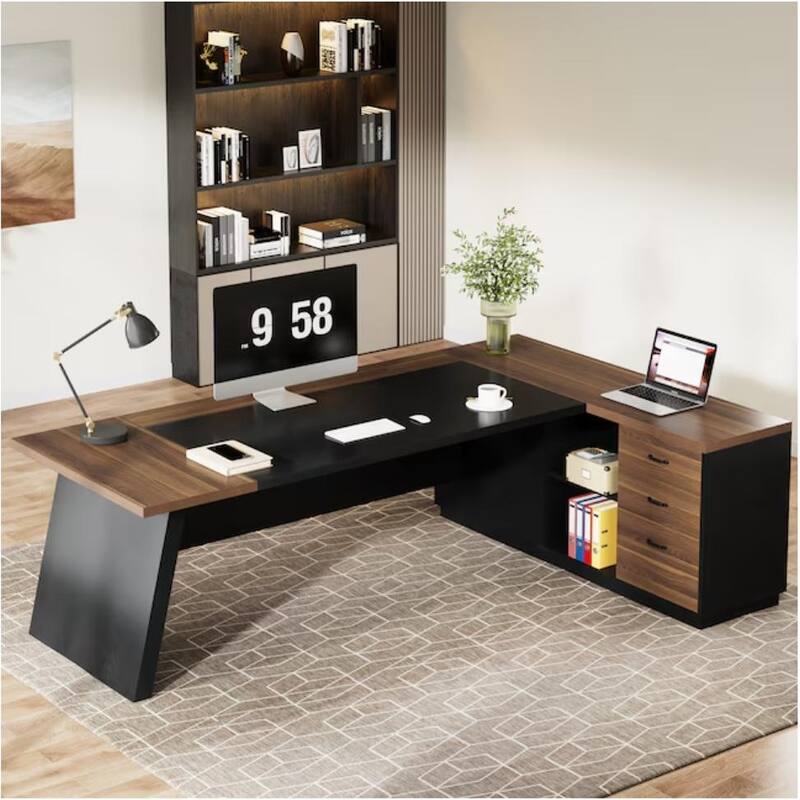 78.7" L-Shaped Executive Desk with File Cabinet & Drawers Light Walnut + Black