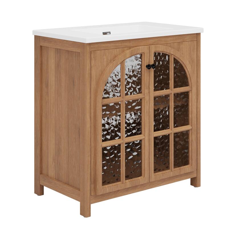 31" Farmhouse Bathroom Vanity with Ceramic Sink, Vintage Rustic Bathroom Cabinet with Bronze Pulls and 2 Soft-Closing Doors
