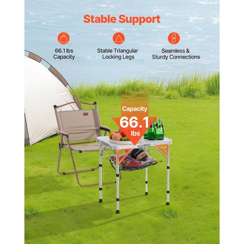 2 Feet Silver Portable Folding Camping Table with Adjustable Height and Lightweight MDF Top for Outdoor Use