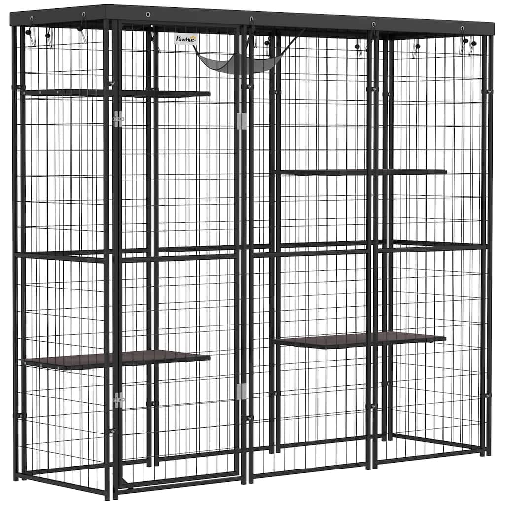 PawHut Weld Wire Catio Outdoor Indoor, Cat Enclosure with Waterproof Cover, 4 Jumping Platforms, Hammock, Black