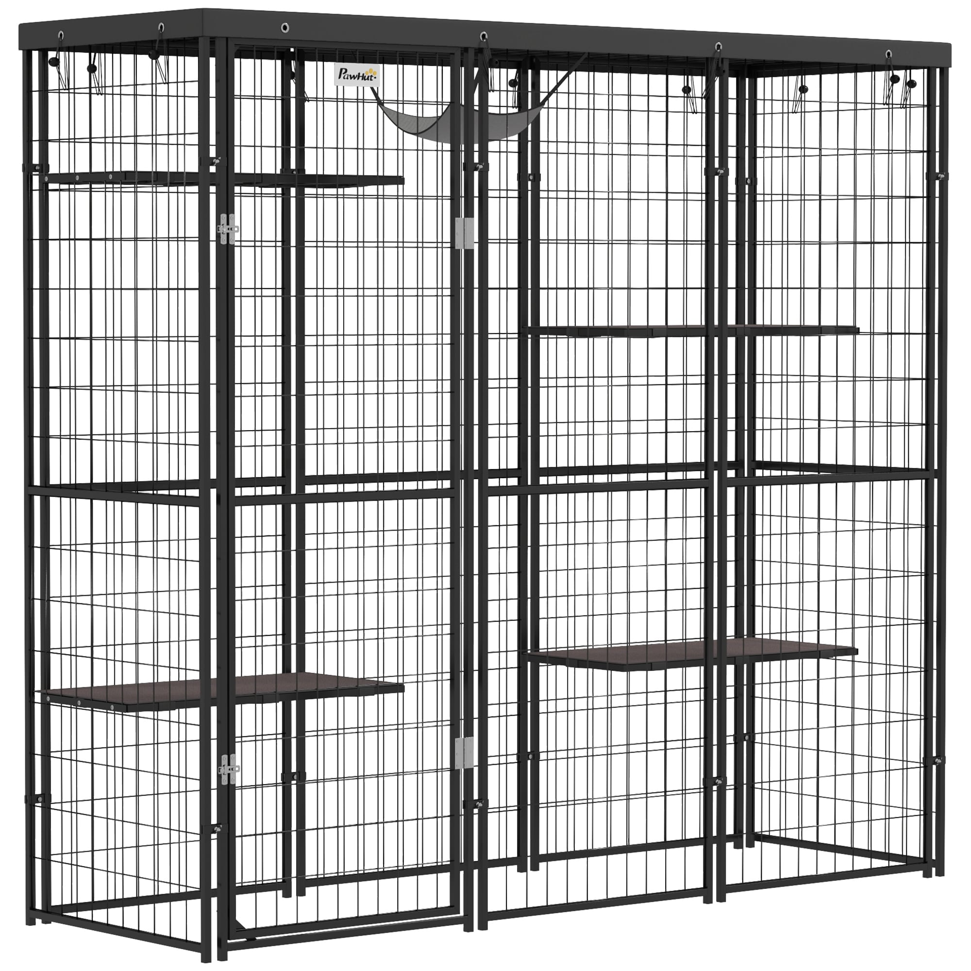PawHut Weld Wire Catio Outdoor Indoor, Cat Enclosure with Waterproof Cover, 4 Jumping Platforms, Hammock, Black