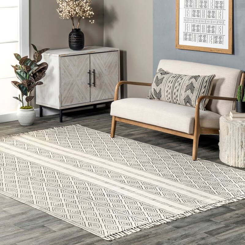 Nuloom Handmade Flatweave Striped Trellis Cotton Fringe Area Rug - 4' x 6' - Ivory - Rectangle