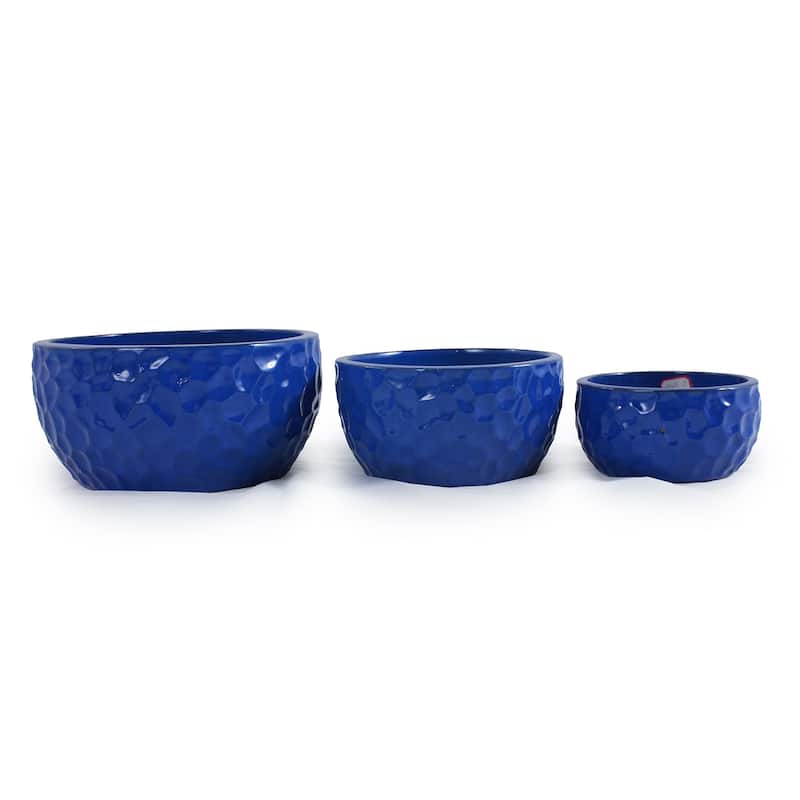 3 Pieces Ceramic Planter Pot, Modern Indoor Outdoor Flowerpot for Patio, Garden, or Windowsills - Antique Blue