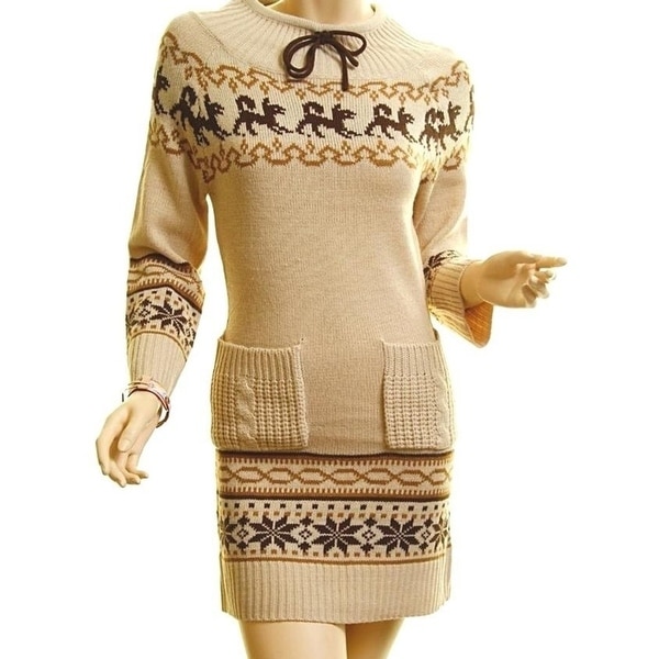 Haute Boho Beige Knit Ribbed Hem Xmas Snowflake Sweater Dress Tunic Top S M L Haute Boho Beige Knit Ribbed Hem Xmas Snowflake Sweater Dress Tunic Top S M L