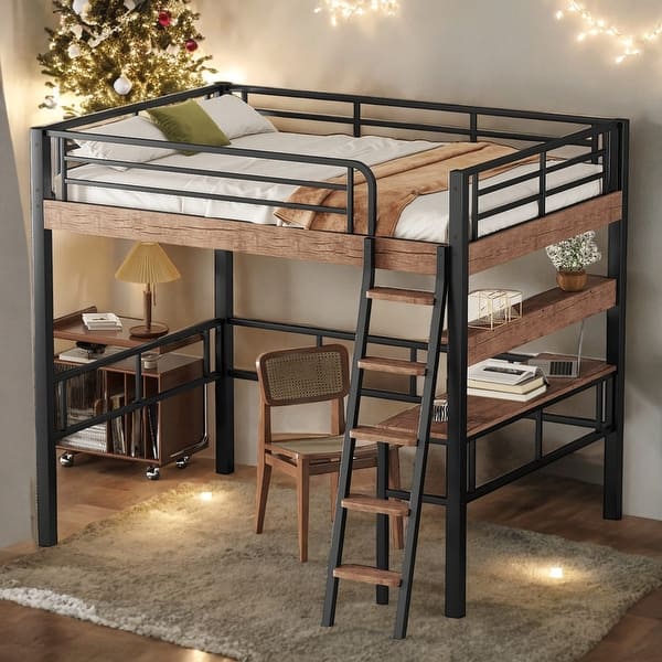 slide 2 of 12, Full Size Loft Bed With Built-in Desk,Shelf And Ladder for Home Black