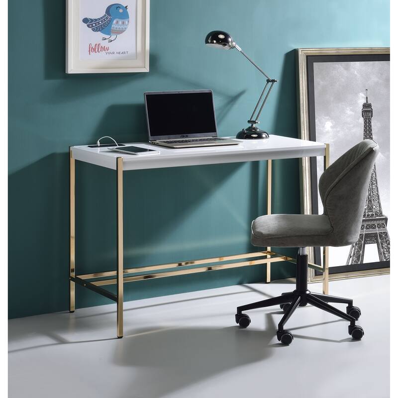 Contemporary Writing Desk with USB Charging Port, High Gloss Finish and Metal Base for Home Office or Study - White