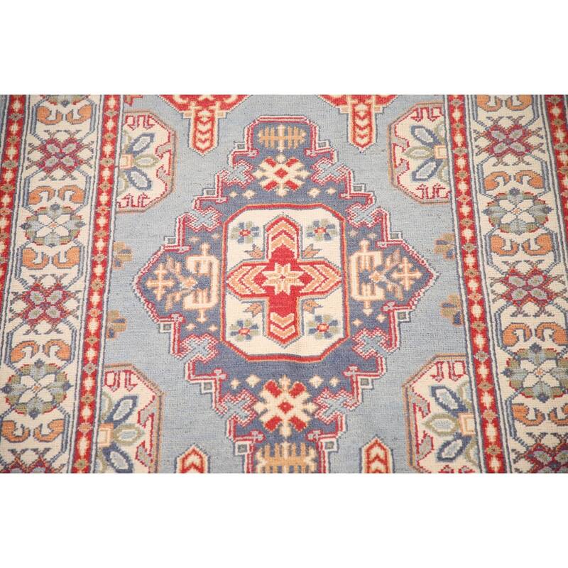 Light Blue Geometric Kazak Oriental Rug Handmade Wool Carpet - 3'2"x 4'8"