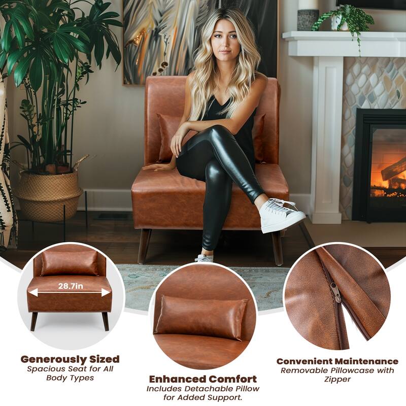 VredHom PU Leather Wood Living Room Accent Chair with Removable Pillow