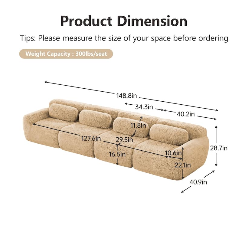Rossetta 149'' Modern 4-seater Soft Fluffy Plush Fabric Modular Sectional Deep Sofa Couches, Free Combination Buckle Connection