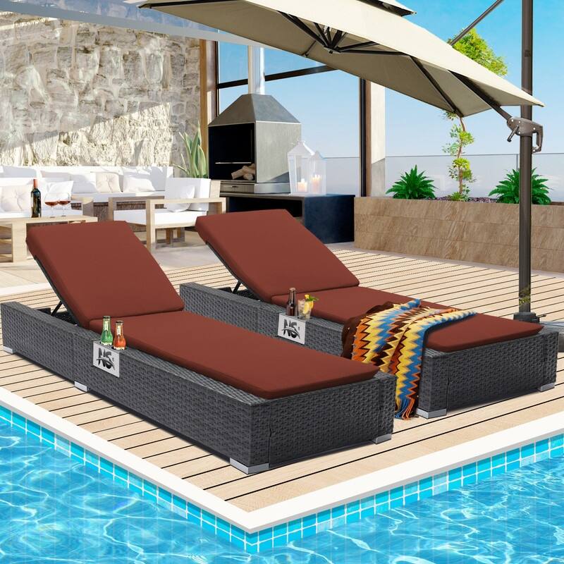 FINCATI Outdoor Patio Wicker Furniture Chaise Lounge Chair Set with Cushion Pool - N/A - Burgundy