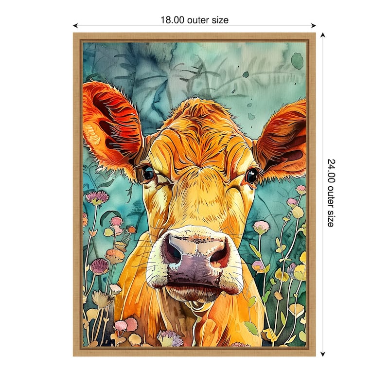 Cow in Flowers by Justyna Jaszke Framed Canvas Wall Art - 18 x 24 in