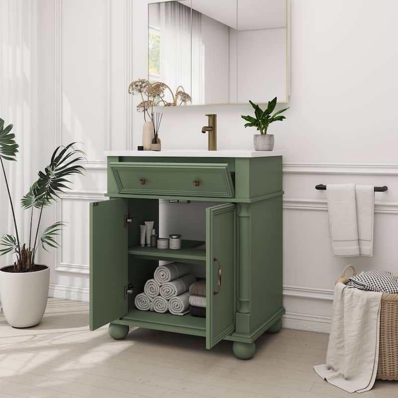 28"/36" Bathroom Vanity with Sink, Integrated Ceramic Basin Vanity Cabinet with Roman Column Base, Solid Wood Frame