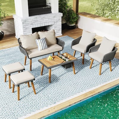 6-Piece Rope Patio Furniture Set with Acacia Wood Cool Bar Table and Ice Bucket