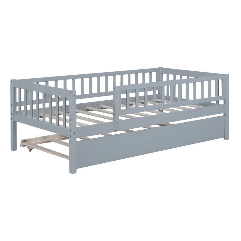 Twin Daybed with Trundle, Wood Twin Size Kids Bed Frame with Fence, Twin Trundle Bed for Girls, Boys, Twin Platform Bed