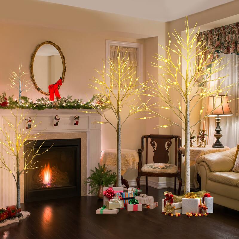 Gymax 4/5/6 FT Pre-lit White Birch Tree Artificial Twig Birch Tree