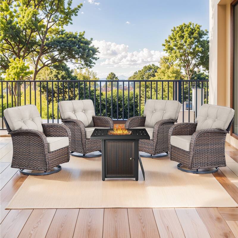 Pocassy Outdoor 30 In Fire Table with Sofa Patio Swivel Chair Set - Brown Wicker Beige Cushion - 4-Piece Swivel Chair with Fire Pit Table