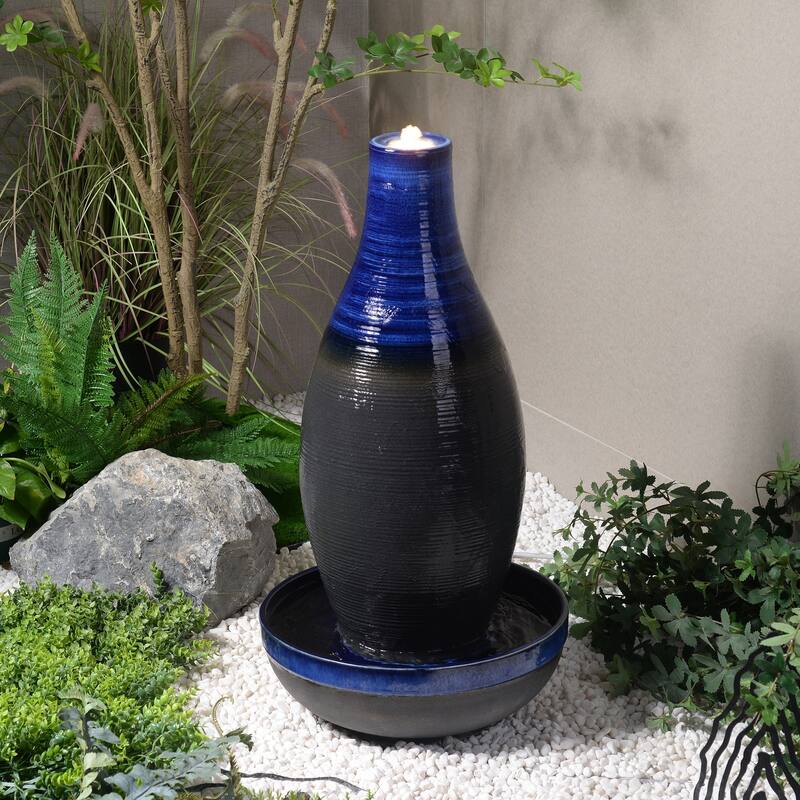 LED Lighted Ceramic Outdoor Garden Water Fountain - 30" - Blue