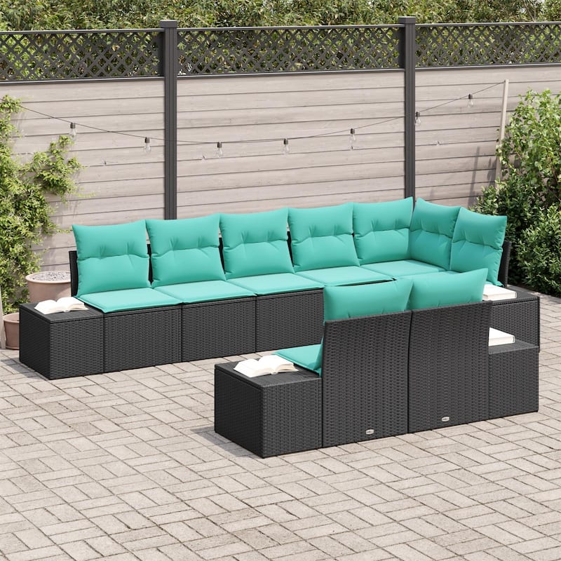 vidaXL 9 Garden Sofa Set with Cushions Black Poly Rattan - 125.6 x 60.6 x 27.2