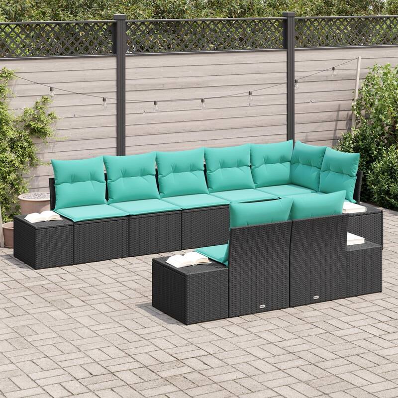 vidaXL 9 Piece Garden Sofa Set with Cushions Black Poly Rattan - 24 x 72 x 33 in
