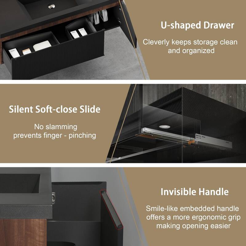 GDFStudio - Sebastian Floating Bathroom Vanity with Quartz Sand Basin and Fluted Storage Cabinet