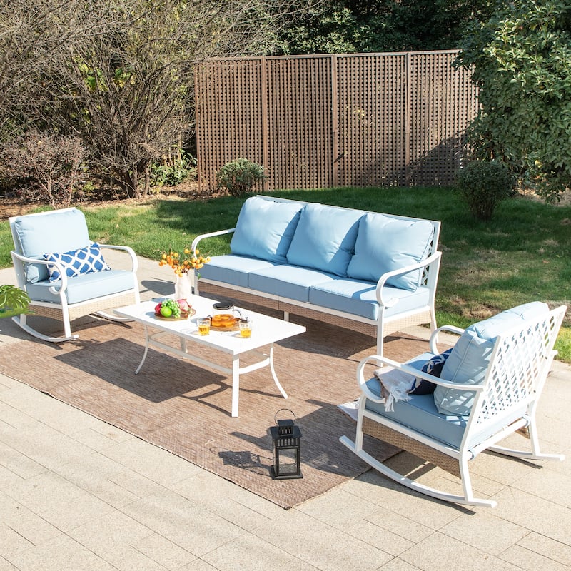 MAISON ARTS 5-Seat Patio Furniture Set, 2 x Cushioned Metal Chair, 1 x 3-Seat Sofa with Marbling Coffee Table