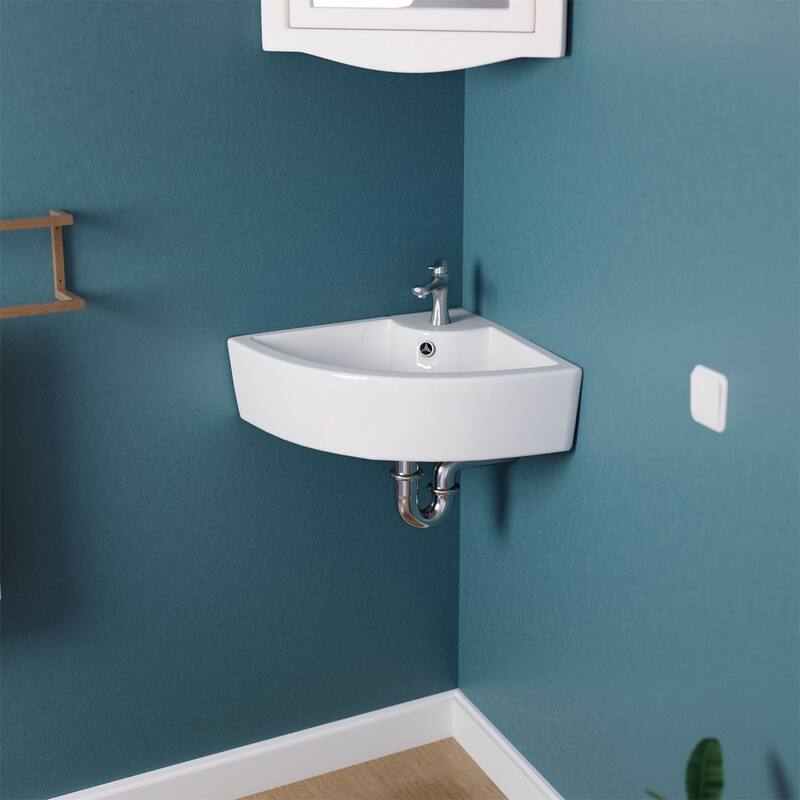 HUDSON White Ceramic Triangular Corner Bathroom Vessel Sink with Overflow and Single Faucet Hole
