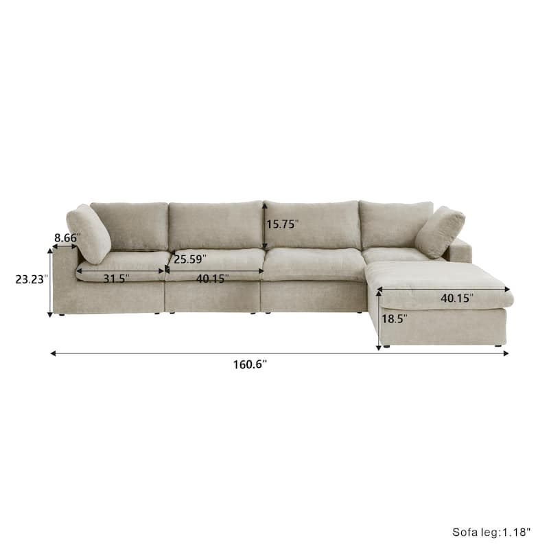 160.6" Modern Linen Sectional Sofa，4-seater Modular Couch with Storage Ottoman for Living Room.