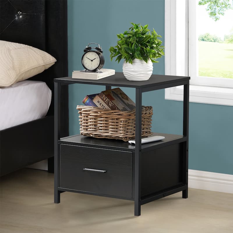 VECELO Modern 1- Drawer Nightstand with Storage Shelf Multifunctional Storage Nightstand for Living Room and Bedroom - Black