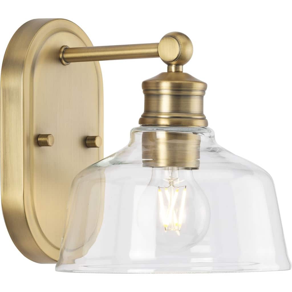 Singleton Collection 1-Light 7.62 in. Vintage Brass Vanity Light with Clear Glass Shade - Small