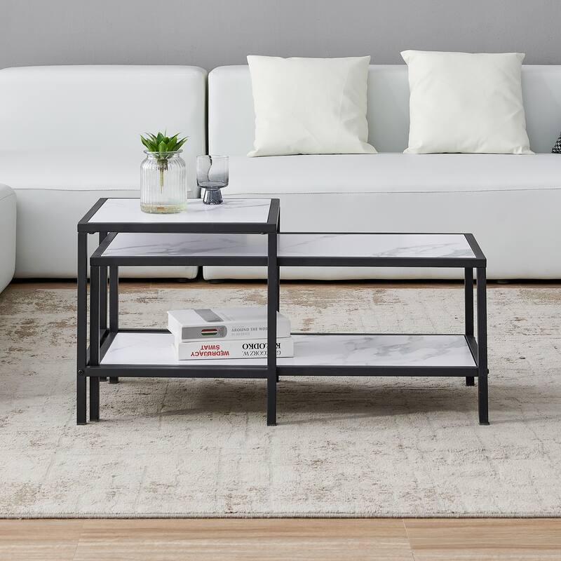 Wood marble color top Modern Nesting coffee table Square & rectangle With Black metal frame