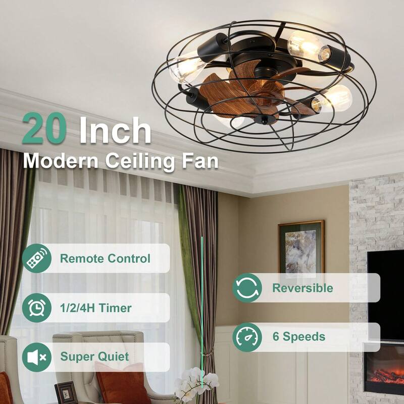Cusp Barn 20'' Farmhouse Caged Ceiling Fan with Light, Modern Enclosed Low Profile Flush Mount Reversible Fandelier Ceiling Fan